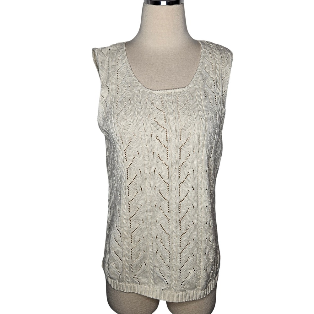 Vintage Josephine Chaus Cable Knit Sweater Vest Ramie Cotton Cream XL Medium